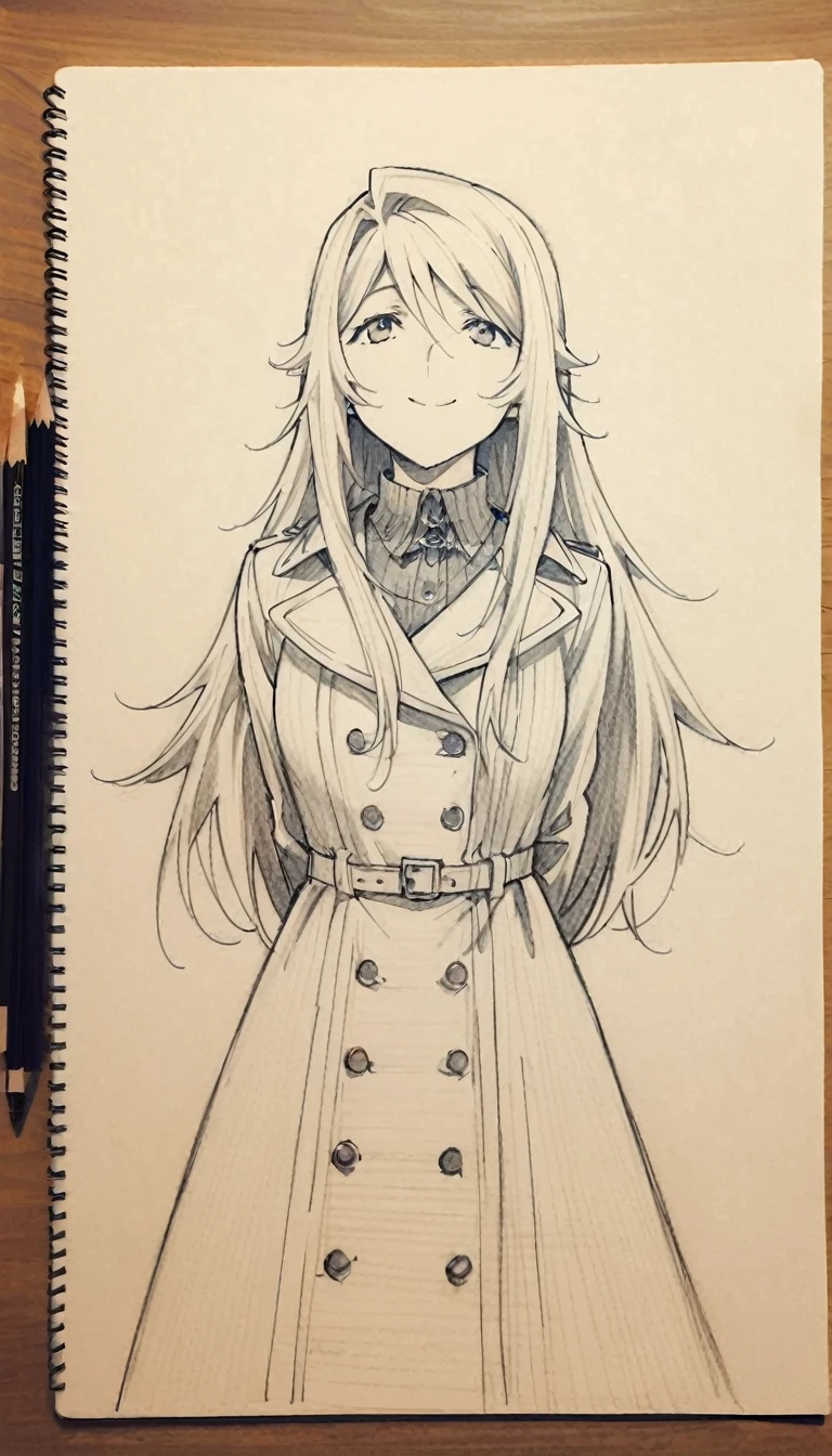1 ,Line drawing,monochrome,(sketch:1.5、pattern、pencil drawing:1.5、board:1.5),board,traditional media, whole body,look up,Cold Background ,(Gothic style,Wear a large trench coat) ,Smile,Long hair,Someone took a photo of her