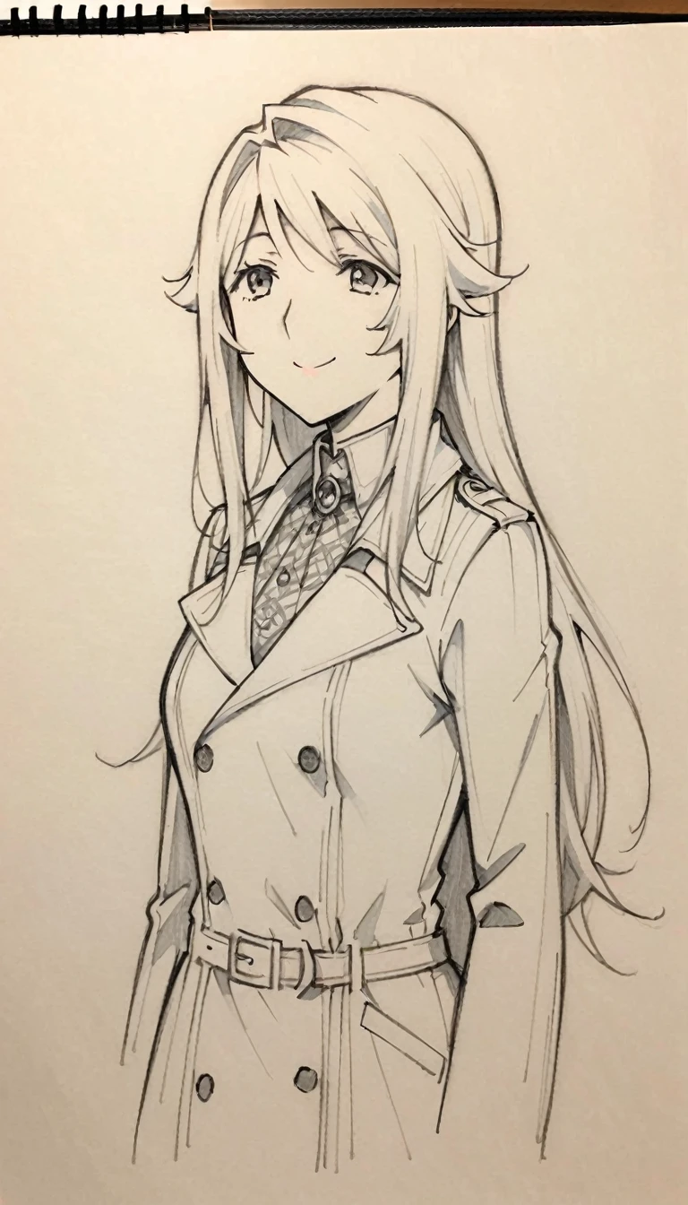 1 ,Line drawing,monochrome,（sketch:1.5、pattern、pencil drawing:1.5、board:1.5）,board，traditional media, whole body,look up,Cold Background ,(Gothic style，Wear a large trench coat） ,Smile，Long hair，Clothing Model,Someone took a photo of her