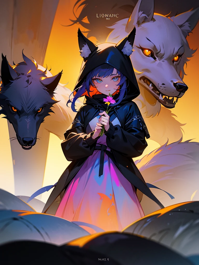 a 14 year old anime girl wearing a black hoodie with the words "Lysa" holding a flower, 1 wolf beside her, detailed face, beautiful eyes, highly detailed, intricate, digital painting, masterpiece, 8k, photorealistic, cinematic lighting, vibrant colors, fantasy, magical realism, dramatic