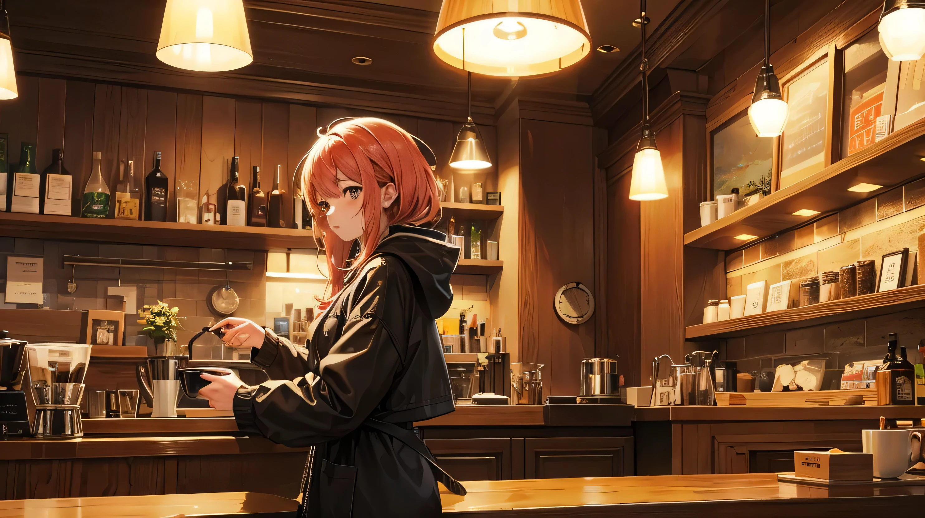 Girl listens to making coffee in a coffee shop,2D anime style, The morning air was clear. ,Warm atmosphere,
