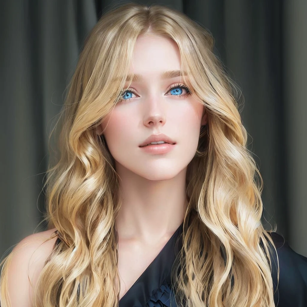 blonde woman with long wavy hair and blue eyes posing for a photo, curtain bangs, center parted curtain bangs, por Nicolette Macnamara, large highlights, brunette with dyed blonde hair, yelena belova, Sidney Sweeney, Amber Heard, center-parted bangs, shoulder length wavy hair, Dasha Taran, central split strip
