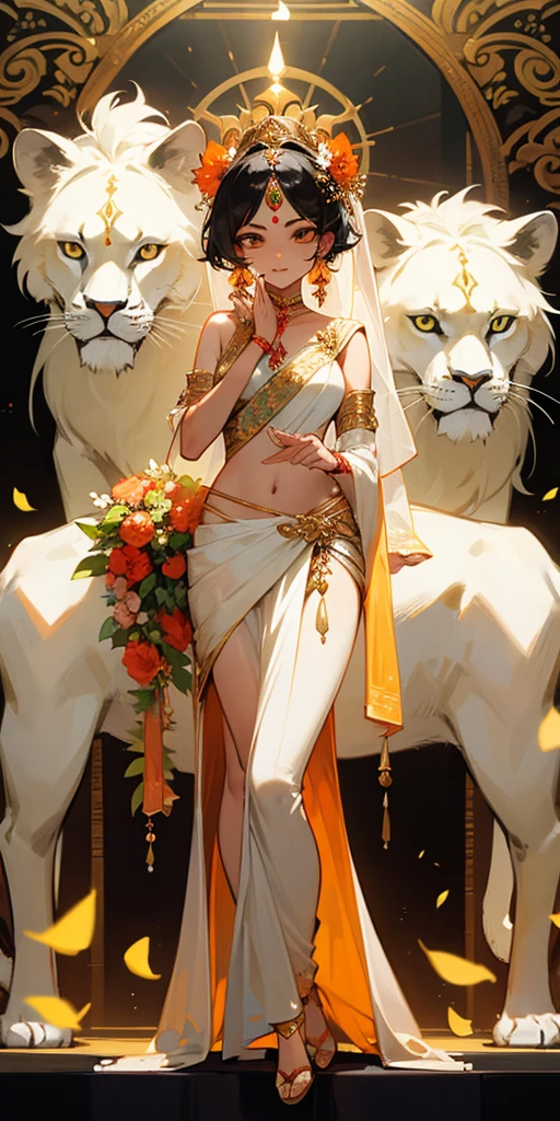 Hot sexy hindu female gods outfit white sari and nearby lion and hand with flowers full face beautiful hd