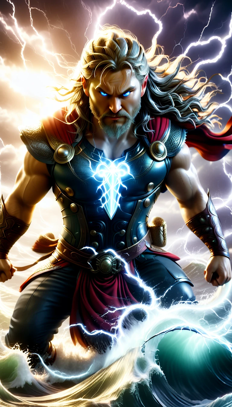 Create A 3D HD Image Of Thor, Low angle, close-up
Thor, Jörmungandr, stormy sea, night, harsh lighting, lightning strikes, giant serpent, intense battle, splashing waves, ferocious, Mjölnir glowing, Thor’s determined face, serpent’s scales, stormy clouds, dramatic tension, heroism, epic struggle, Norse mythology, power clash