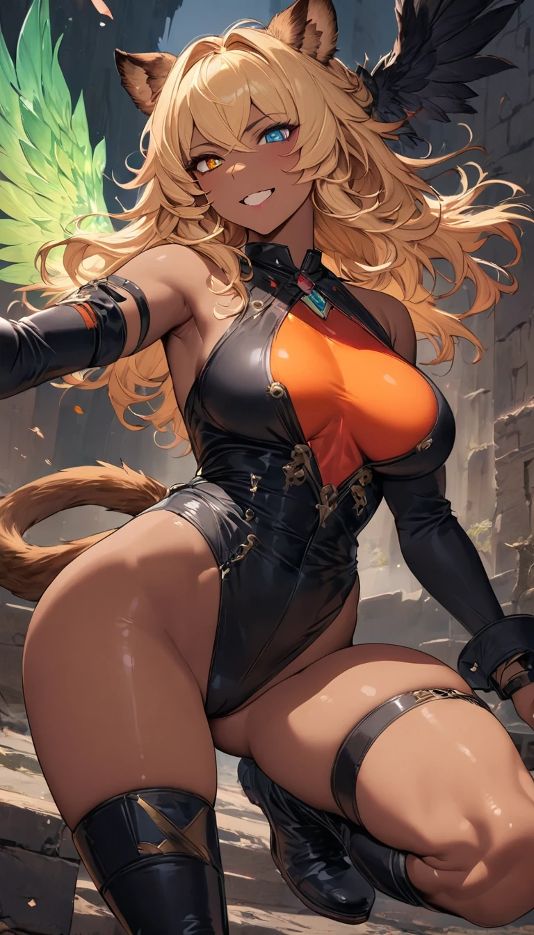 best quality,4k,8k,highres,masterpiece:1.2),ultra-detailed, extremely detailed eyes, extremely detailed body, (large masterpiece digital art), (detailed manga illustration), (detailed line art), ((perfect anatomy)), (intricate details:1.3), (ultra-detailed:1.3), (illustration:1.3), (sharp focus:1.3), (natural lighting:1.05), (vivid colors:1.3), (masterpiece), (best quality:1.4), (perfect anatomy:1.4), high quality, expressive eyes, full body, detailed face, beautiful face, perfect face, 1 girl, tall girl, ((blonde hair)), (red hair), multicolored hair, two-toned hair, ((dark skin)), (((dark skinned female))), griffon, large breasts, thick thighs, very long hair, bare shoulders, denim, (short shorts), dynamic pose, silver jewelry, choker, animal ears, (lion ears), (lion tail), thigh-highs, ((animal ears)), skin dentation, curvy, monster girl, heterochromia, (orange eye), (icy blue eye), ((wings)), feathered wings, black feathers, green glowing feathers, thigh gap, (white shirt), black leather jacket, thigh boots, dynamic lighting, cinematic lighting, smiling, ((Greek ruins background)), Atey Ghailan, Jeremy Mann, Greg Manchess, Antonio Moro, trend in ArtStation, trend in CGSociety, Intricate, High Detail, Sharp focus, dramatic and photorealistic painting art by Midjourney and Greg Rutkowski, Jeff Bridges, ((cartoon style)), Marvel Cinematic Universe style