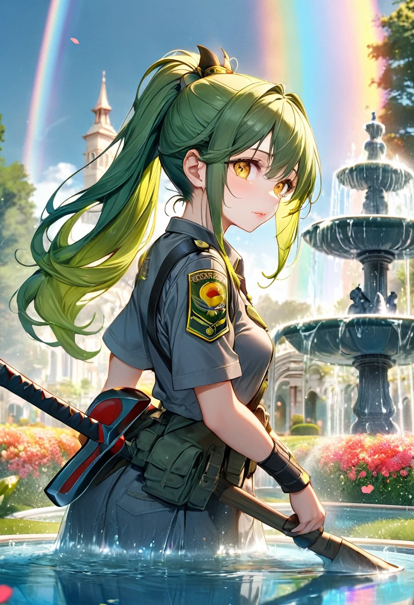 (profile, beautiful style), (solo:2, 15 yo), (beautiful ponytail) (beautiful detailed green hair, long hair) (best axe fighter girl, cute yellow eyes, glossy lip), (hand holding biggest axe, put on own shoulder), in a Dirty:1.3 combat uniform, break, in the beautiful enchanted garden, Large fountain with double exposure rainbow, BREAK, perfect anatomy, masterpiece, best quality, 16k, beautiful detailed love, daydreaming expression.