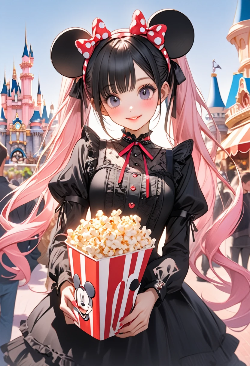 A beautiful girl wearing a Minnie Mouse ears headband, wearing black Gothic Lolita clothes. A beautiful girl with long pink hair in twin tails is on a date with her boyfriend at Disneyland. Her boyfriend is a handsome man with black hair. He is holding a Mickey Mouse popcorn bucket in his hand. Delicate facial features, perfect hand angle. The background is Disneyland. Beautiful people.