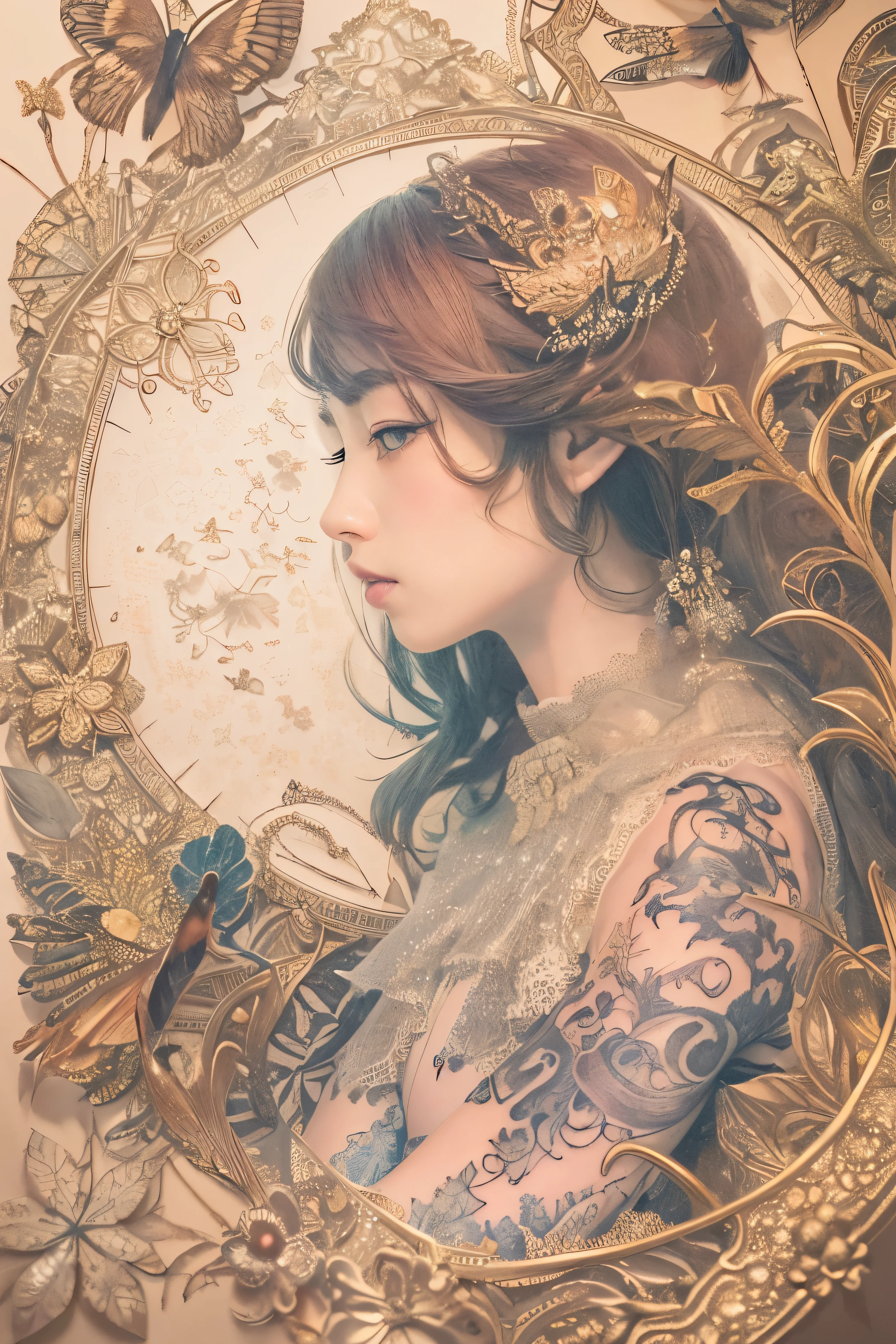 ((((masterpiece))), tattoo、Highest quality, An illustration, Beautiful details shine,
paper_cut, The details of a fragile girl's face captured on camera, wood, moon, butterfly,Wind、star、spider、Ladybug、centipede