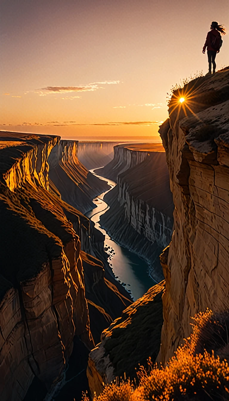 A person stands at the edge of a cliff, gazing at the sunset, its warm colors illuminating the sky. As they admire the breathtaking scene, a glowing shadow begins to form behind them. The entity appears to be made of pure light, its contours shimmering and flickering as if made of liquid gold. Slowly and silently, it moves towards them until it finally touches their body and starts to merge with them. The person feels a sudden jolt and a mix of fear and awe as the entity completely takes over, their two forms merging into one.