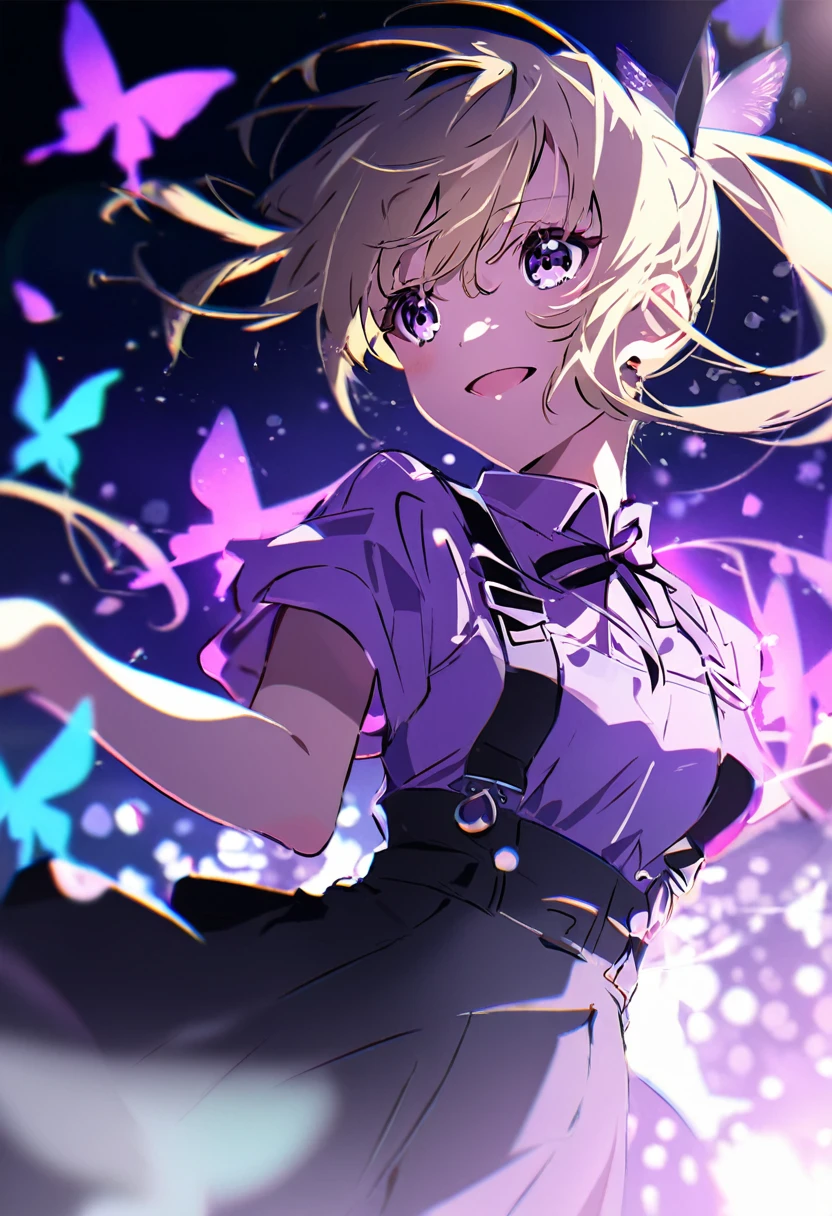 one，Sing，Purple hue overall，blonde，Bangs between the eyes, Long double ponytail，Purple Eyes，Beautiful eyes，
Pure black skirt，Suspender Skirt，There are butterflies flying around，Side of the character, German-style tilt lens, lens flare, Light Effect, 