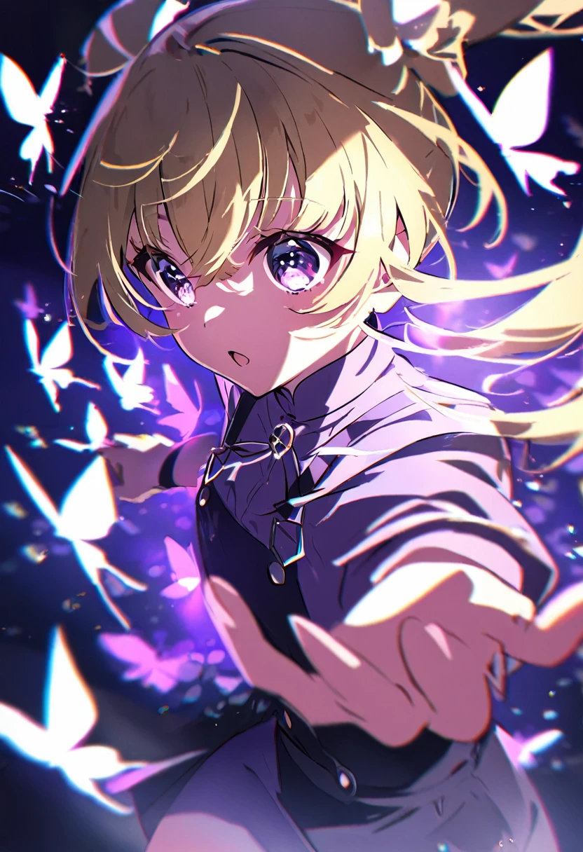 one，Sing，Purple hue overall，blonde，Bangs between the eyes, Long double ponytail，Purple Eyes，Beautiful eyes，
Pure black skirt，Suspender Skirt，There are butterflies flying around，Side of the character, German-style tilt lens, lens flare, Light Effect, 