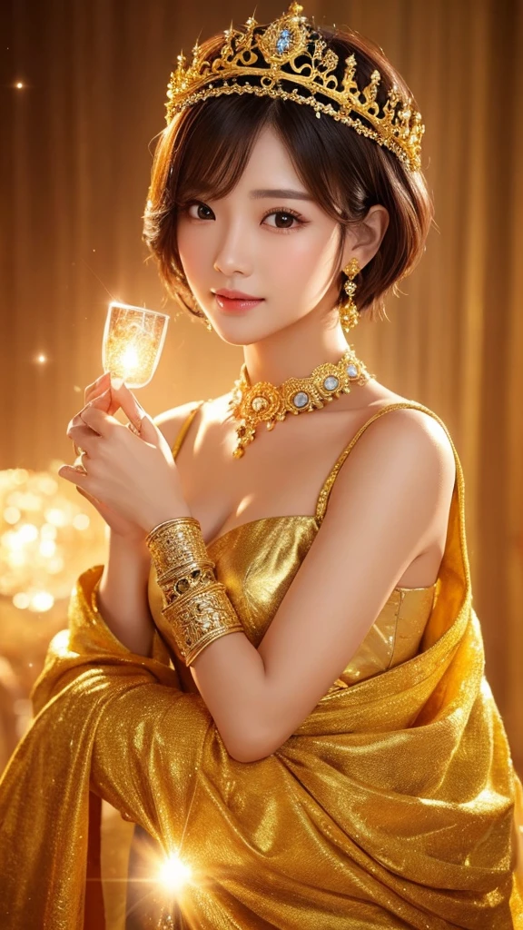 gorgeous、goddess、accessories、Golden Clothes、Light、short hair、crown、Asian Woman、Beauty、Sparkling