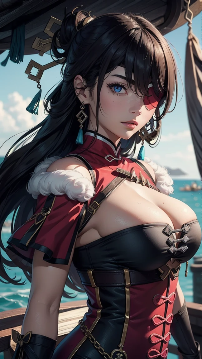 ((masterpiece)),(bestquality),((ultra-detailed)), (beautiful detailed face), depth of field,detailed,((beautiful detailed eyes)), big breast, beidoudef, eye patch, body 3:4, in a pirate boat.