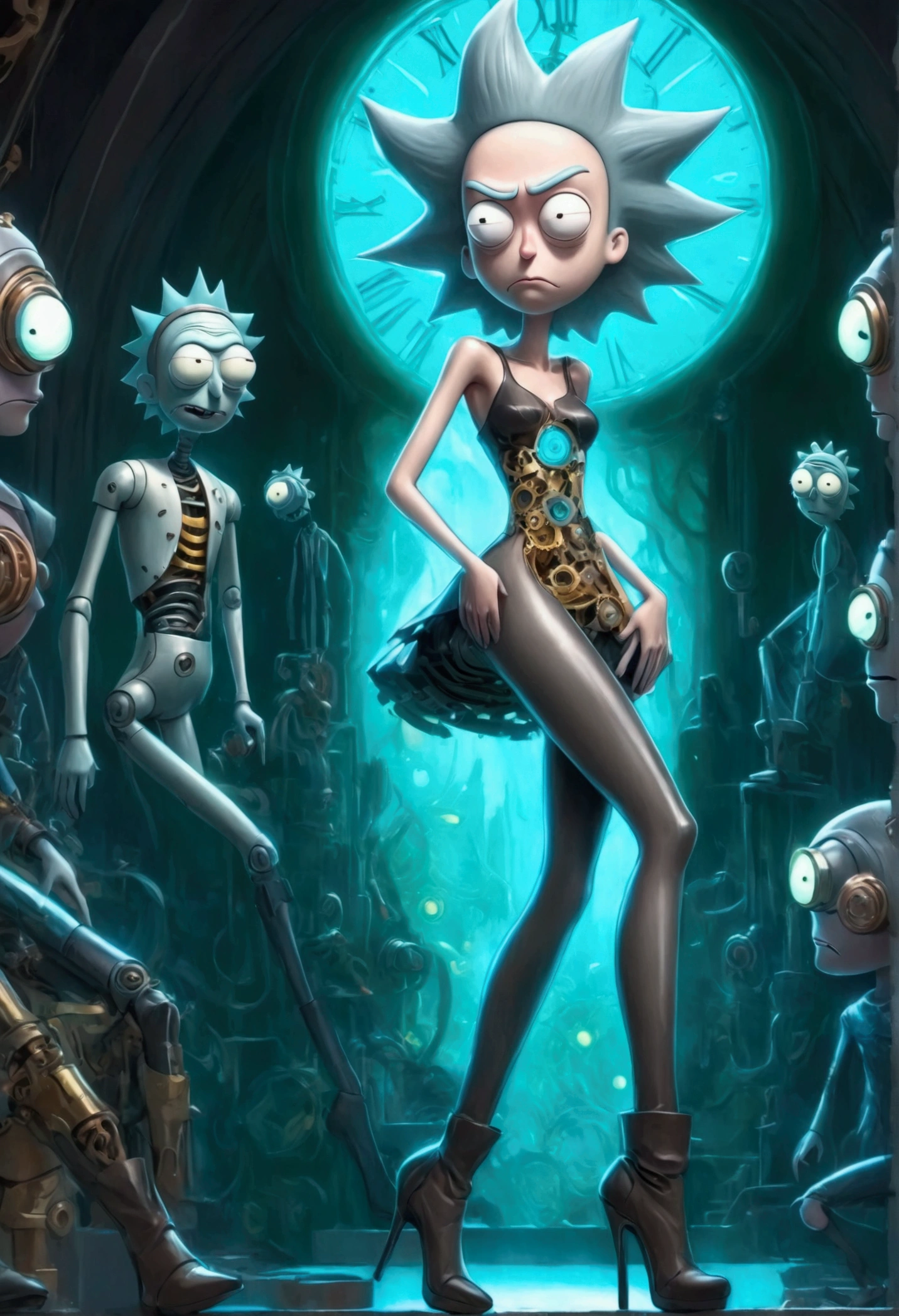 RICK AND mORTY'S, Rick, is watching a fashion show in a world of clockwork people. Cute clockwork woman (age 25, high heels, sexy dress, semi transparent skin showing her gears) she is wearing platform knee high boots