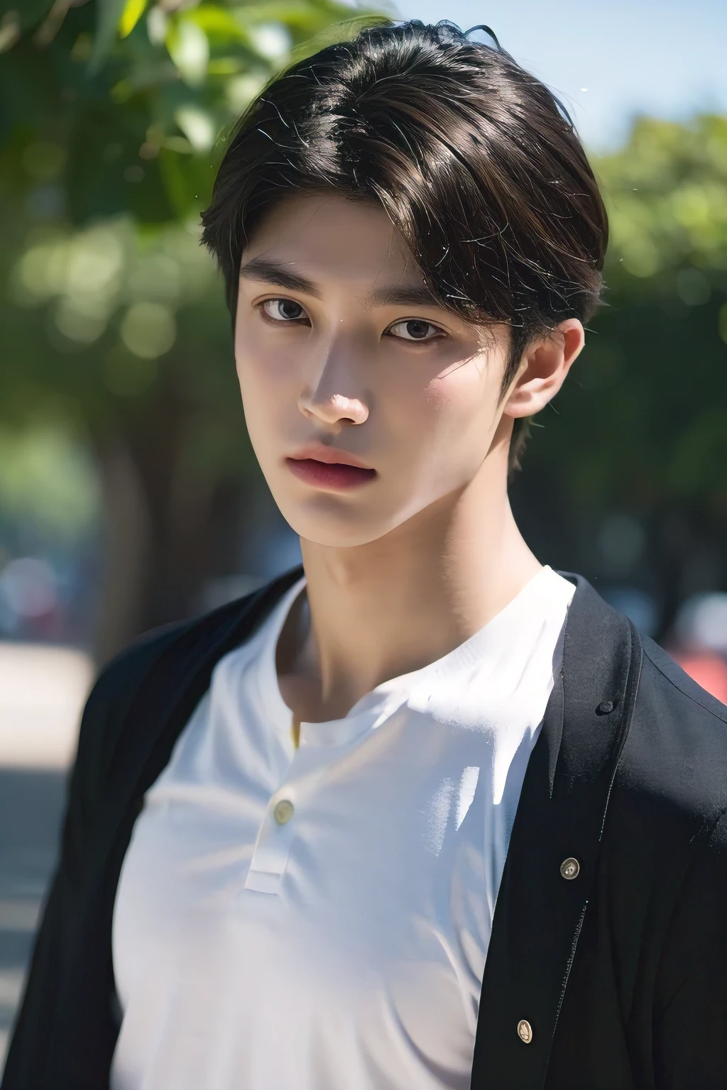 best quality, masterpiece, ultra high resolution, (realistic:1.4), RAW photos, portrait, man, 20 years old, boy, Handsome, Handsome 눈 과 얼굴형,