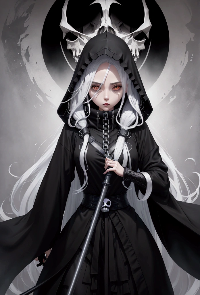 digital art, anime of beautiful girl as The Death, The death in black hoodie cloack, long robe, iconic stance, skull face, long white hair, holding scythe in hand, best quality, a gradient movement of transition color background, dark moon background