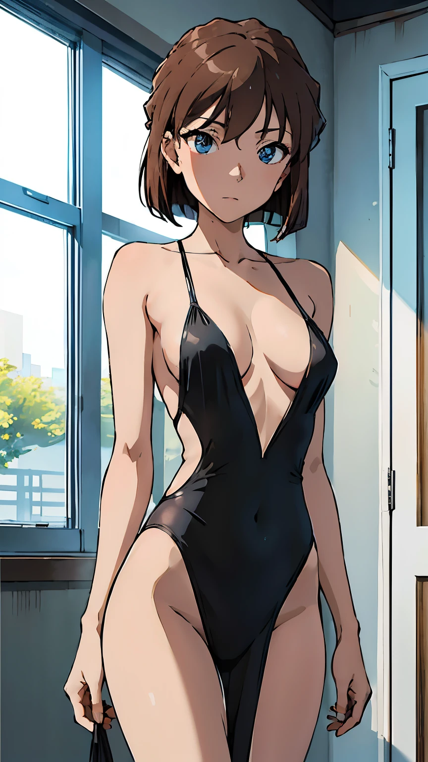 (masterpiece, The best quality at its best, high quality, High resolution, Super detailed), One girl, Brown Hair, Short fine hair, blue eyes, small Breasts, Lesbian,She is wearing a black transparent dress made of translucent fabric., V Chest Clothes, See-through fabric, Flowing salmon silk, Translucent silk dress, translucent cleavage dress, Silk clothing, Covered in flowing fabric, Flowing fabric, Cowboy Shot, standing, indoors, night