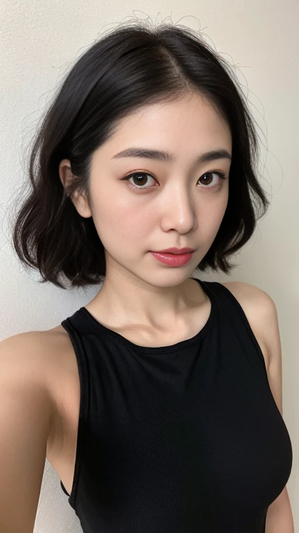 Highest quality,masterpiece,Ultra-high resolution,(Realistic:1.4),Beautiful lighting, (Highly detailed CG Unity 8K wallpapers), Beautiful face in every detail,Detailed clothing, 50mm portrait photography, No background、One Girl,Big black eyes, cute, young, Temporarily stop, Facial Lighting, Physically Based Rendering,Written boundary depth , Black Hair, short hair, ((Shoot from above)), Japanese women、20-year-old、BeigeTshirt、(Big Breasts)、(Upper Body)、Beautiful young woman taking a selfie, Taken with iPhone camera、In front of a white wall