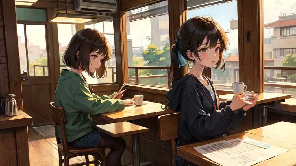 Girl listens to making coffee in a coffee shop,2D anime style, The morning air was clear. ,Warm atmosphere, Draw a line, ink painting, Osaka Road, Watercolor painting, gouche paint, Studio Ghibli Style, Very bright colors,
