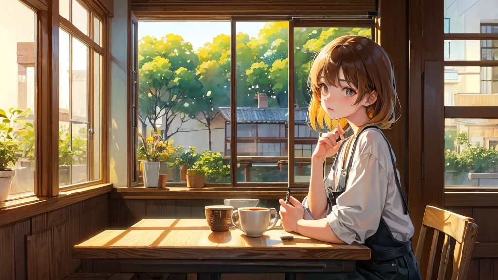 Girl listens to making coffee in a coffee shop,2D anime style, The morning air was clear. ,Warm atmosphere, Draw a line, ink painting, Osaka Road, Watercolor painting, gouche paint, Studio Ghibli Style, Very bright colors,