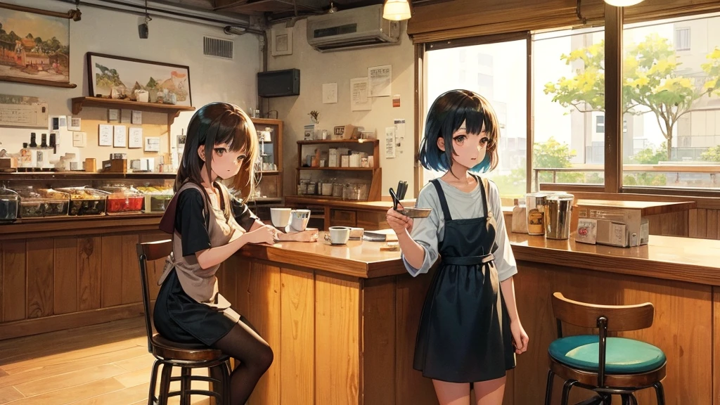 Girl listens to making coffee in a coffee shop,2D anime style, The morning air was clear. ,Warm atmosphere, Draw a line, ink painting, Osaka Road, Watercolor painting, gouche paint, Studio Ghibli Style, Very bright colors,