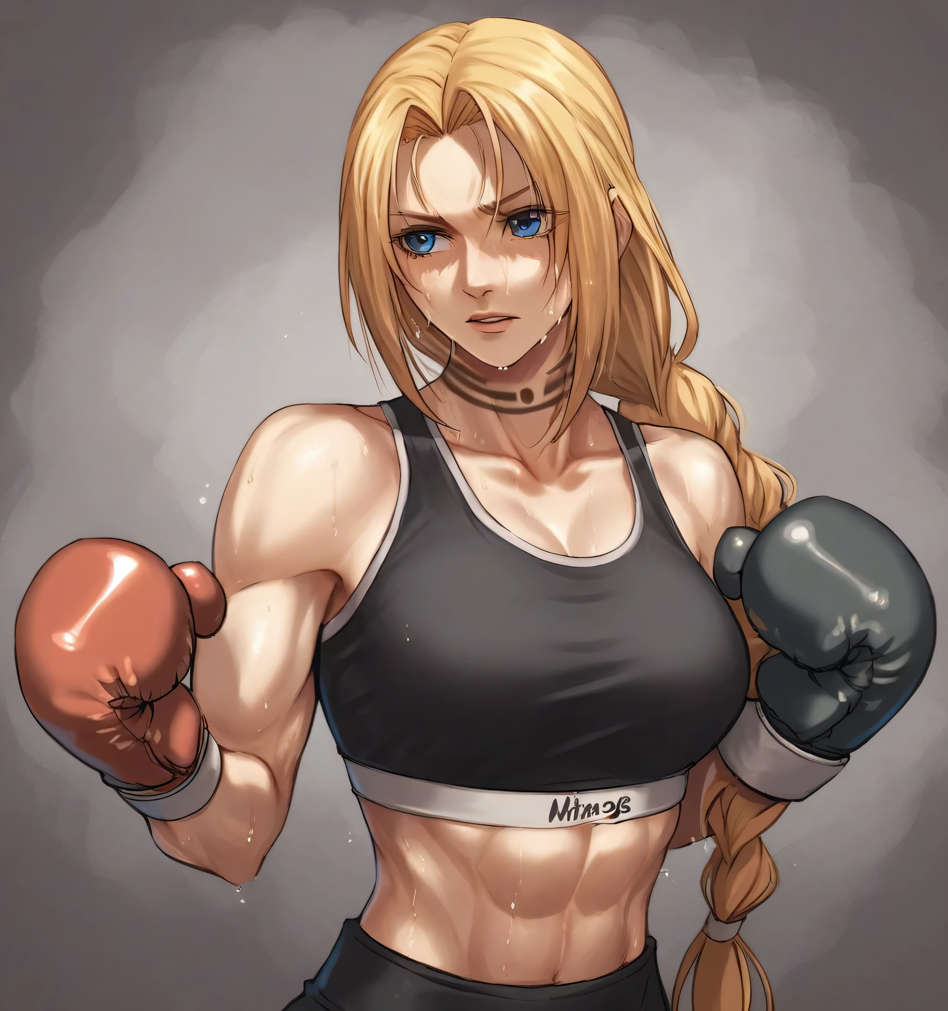 score_9, score_8_up, score_7_up, score_6_up, Detailed Background, BREAK
 koasmirage, 1girl, long hair, sports bra, klausian neck markings, sweating,blonde hair, blue eyes, single braid,BREAK
boxing ring, boxing gloves, mma,