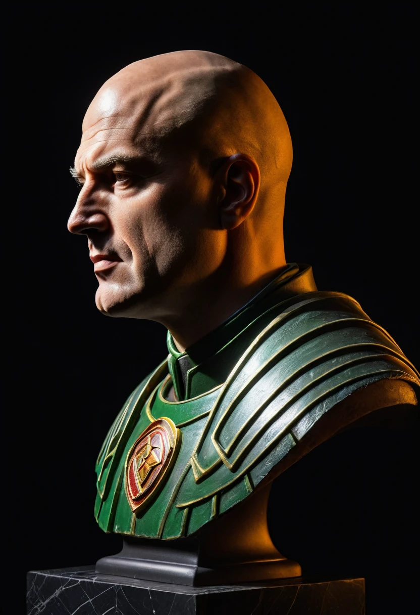 Side view of a Lex Luthor roman bust highlighted with a spotlight and dark background