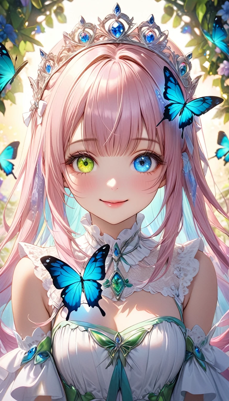 ((tmasterpiece:1.4,Best quality at best))+,(hyper-detailing)+,(Ultra-detailed eyes)+,(pointy ears:1.5),The halo
(cute girls),15year old,(a pink eyes:1.15)Short pale pink hair,Bushy hair(wariza:1.2),pale-skinned,pervert smirk,black bottomwear
(She wore a pure white dress,pastel pink robes,:1.5),(whitegloves:1.4)The sleeves are long,golden string,crystal earrings,Leprechaun Maiden,coral crystal,Menghua,gem jewelry,The world of diamonds and flowers,glowing butterflies,The halo,fresh flowers,
(pink and white satin ribbon:1.1),
(dawn light:1.2),
(Thick black and white:1.16),(depth of fields:1.4),,Complicated details,