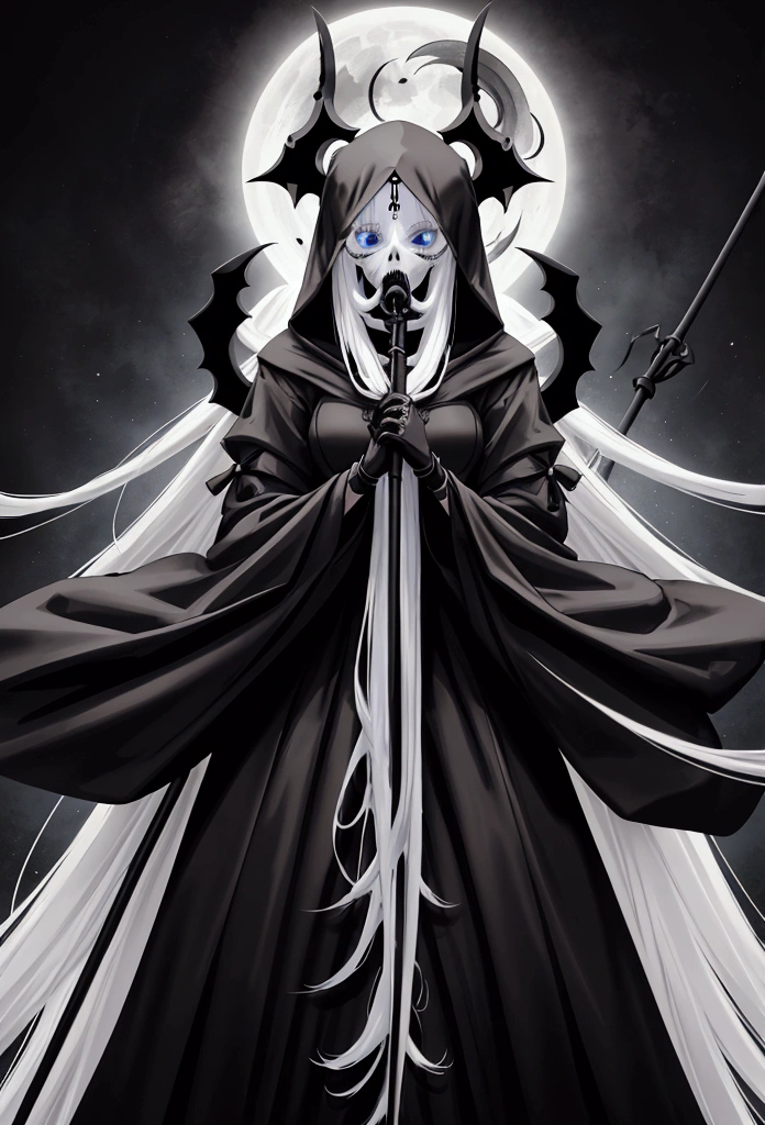 digital art, anime of beautiful girl as The Death, The death in black hoodie cloack, long robe, iconic stance, skull face, long white hair, holding scythe in hand, best quality, a gradient movement of transition color background, dark moon background