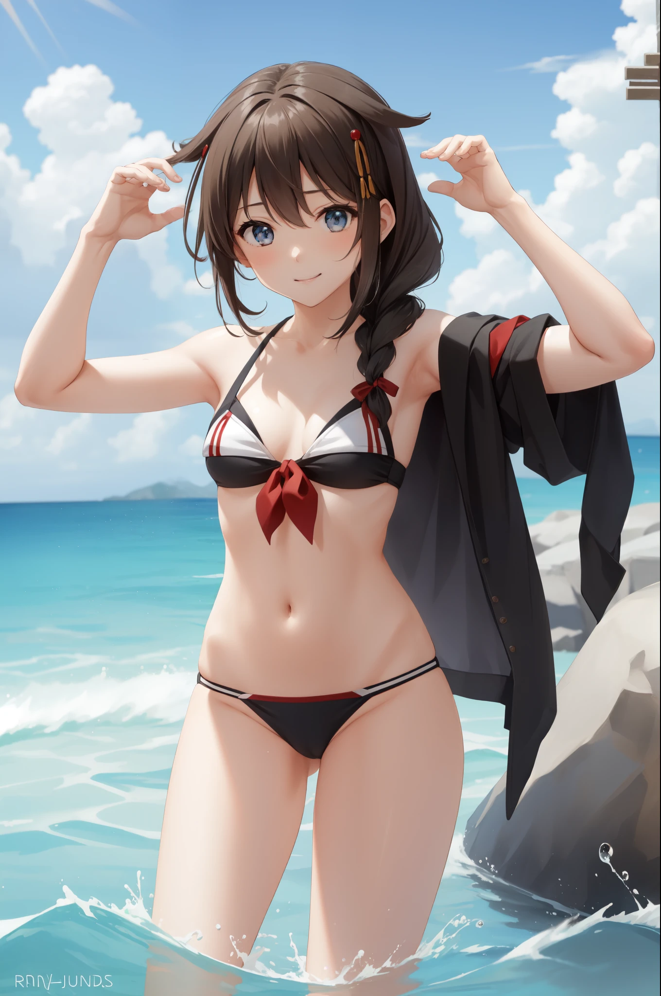 masterpiece, Highest quality, absurisres, Perfect Anatomy, One girl, solo ShigureKancolle, Long Hair, single braiis, Hair flap, ShigureBikini, salon, Sailor Bikini, Beach, Palm tree, water, (partially submergeis), smile, :is, spreais arms, isynamic pose