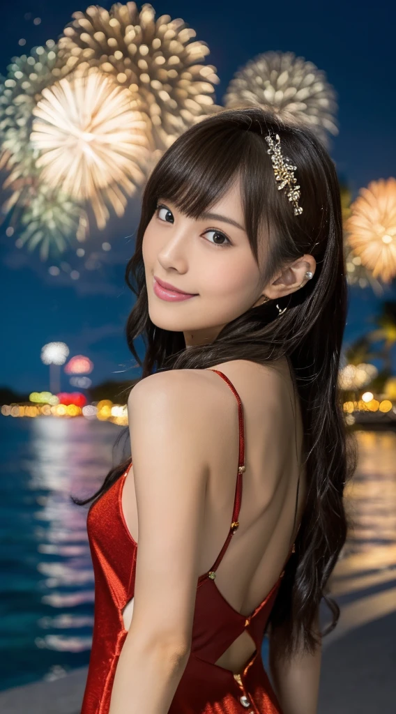 (((Masterpiece，Highest quality，Highest quality，8k，16K))，((Ultra-high resolution，Super detailed)))，Japanese，beautiful girl，sexy，glamorous，Golden Ratio Style，Camisole dress，night，Tropical Beach，Fireworks display，Fireworks、((Tropical BeachにてFireworks displayのFireworksを背景にしたスナップ写真))，