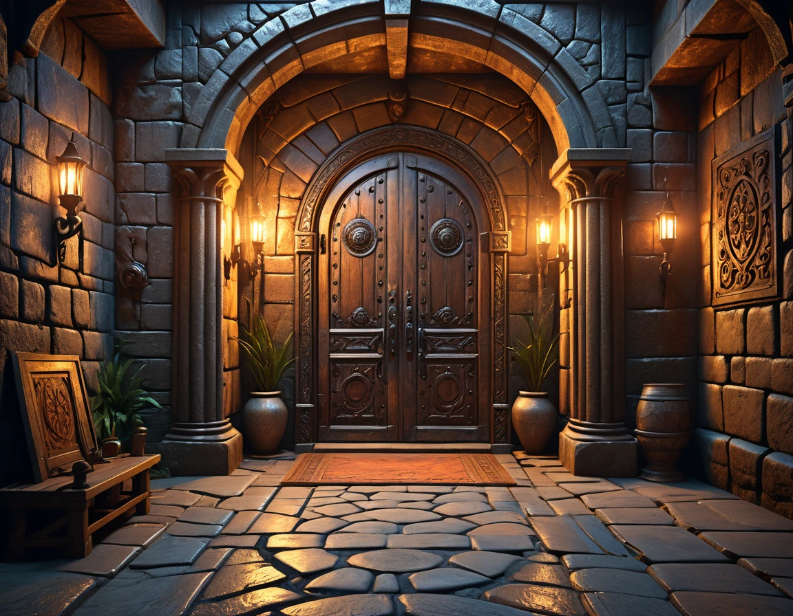 A 3D hyper-realistic rendering of an old medieval and dungeonpunk style door in a mysterious underground castle, exquisite artistic carvings of skilled sculptor, old walls and colonnades, worn metal, handles, worn cobblestone floor, varnished darkwood, with intricate details and intense lighting effects.16K high definition,vibrant colors,sharp focus,and insane details,POV,cinematic,intense lighting,epic scene,ultra fine detail,cgi,uhd,octane render