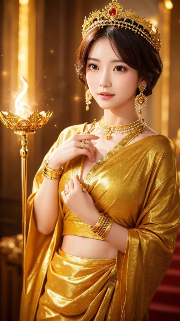 gorgeous、goddess、accessories、Golden Clothes、Light、short hair、crown、Asian Woman、Beauty、Sparkling、Skin invisible