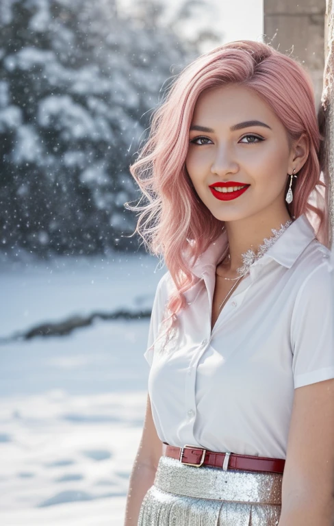 1 girl, model, extremely beautiful, perfect body. Photo taken with Canon EOS R5 85mm f/11 Camera, ((sharp)) mode of people and surrounding scenery. Image quality ((8K)), ((lifelike)), ((masterpiece)), ((sharp and highest contrast)), ((great depth of field)), ((light stereolithography)).
((Pink hair)), ((high-end cosmetic makeup)), ((bright, radiant smile)), ((brilliant glossy red lipstick)), ((Ivory, white skin bright)), detailed pores, ((glossy skin)), ((Light shining directly on the face)), bright sunlight.
Earrings, necklace, belt, ((thin shirt)), ((shiny leather skirt)), high heels, bracelets.
Girl standing model pose, ((white snow)), cold wind, frost, cold, numb, ((frozen)), snowflakes, loneliness, fantasy, dream, waiting, ((hope)).