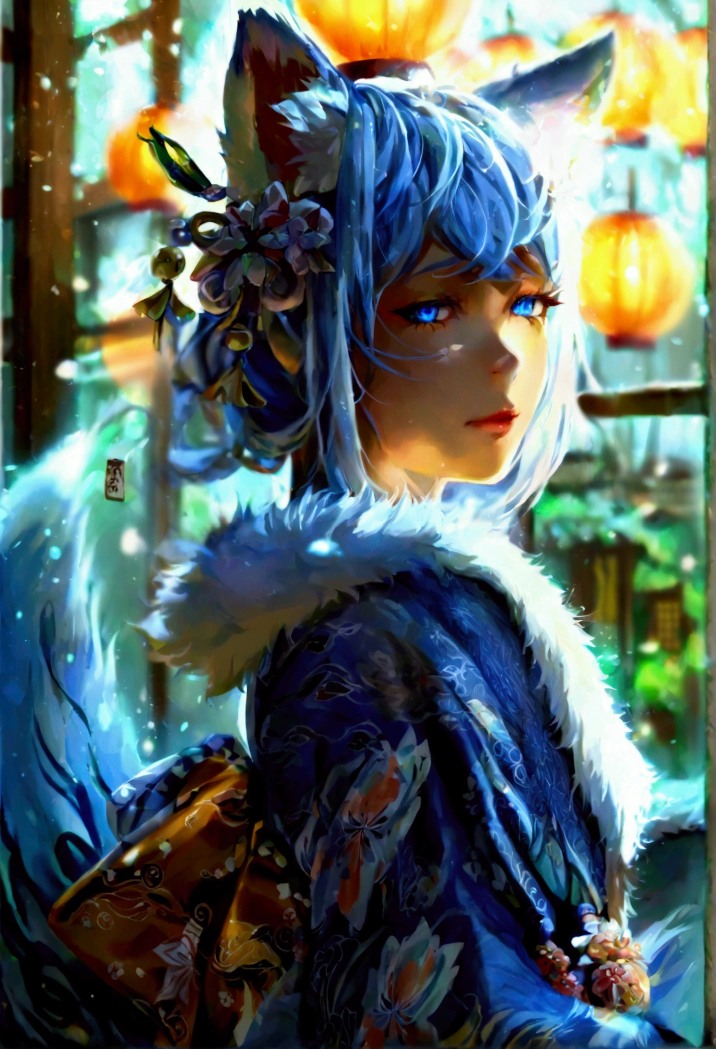 fox Light blue hair 　beast girl　indigo fur　fox beast girl　fox Light blue hair 　beast girl　indigo fur　fox beast girl　Wallpaper 4k,8k,highly detailled,,vivid colors,detailed kitsune with 9 tails,traditional Japanese artwork,tatami floor,beautiful cherry blossoms,floating lanterns,dark silhouette of a pagoda,subtle moonlight,dense forest,ethereal atmosphere,dappled sunlight,whimsical spirit,serene expression,elaborate kimono and obi,delicate hand-painted details,luminous eyes　Anime Style　fox　blue　White-faced golden-haired nine-tailed fox　Coat blue　woman　fox Light blue hair 　beast girl　indigo fur　fox beast girl　Anime Style　fox　blue　White-faced golden-haired nine-tailed fox　Coat blue　woman　　mysterious background　Blue Flame　girl　have a ball of light　fox Light blue hair 　beast girl　indigo fur　fox beast girl　mysterious background　Blue Flame　girl　have a ball of light Anime Style　fox　blue　White-faced golden-haired nine-tailed fox　Coat blue　　　mysterious background　Blue Flame　girl　have a ball of light　woman