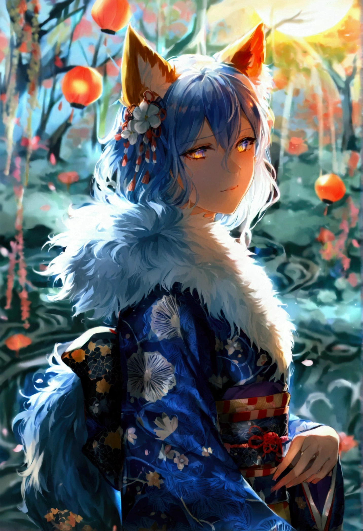 fox Light blue hair 　beast girl　indigo fur　fox beast girl　fox Light blue hair 　beast girl　indigo fur　fox beast girl　Wallpaper 4k,8k,highly detailled,,vivid colors,detailed kitsune with 9 tails,traditional Japanese artwork,tatami floor,beautiful cherry blossoms,floating lanterns,dark silhouette of a pagoda,subtle moonlight,dense forest,ethereal atmosphere,dappled sunlight,whimsical spirit,serene expression,elaborate kimono and obi,delicate hand-painted details,luminous eyes　Anime Style　fox　blue　White-faced golden-haired nine-tailed fox　Coat blue　woman　fox Light blue hair 　beast girl　indigo fur　fox beast girl　Anime Style　fox　blue　White-faced golden-haired nine-tailed fox　Coat blue　woman　　mysterious background　Blue Flame　girl　have a ball of light　fox Light blue hair 　beast girl　indigo fur　fox beast girl　mysterious background　Blue Flame　girl　have a ball of light Anime Style　fox　blue　White-faced golden-haired nine-tailed fox　Coat blue　　　mysterious background　Blue Flame　girl　have a ball of light　woman