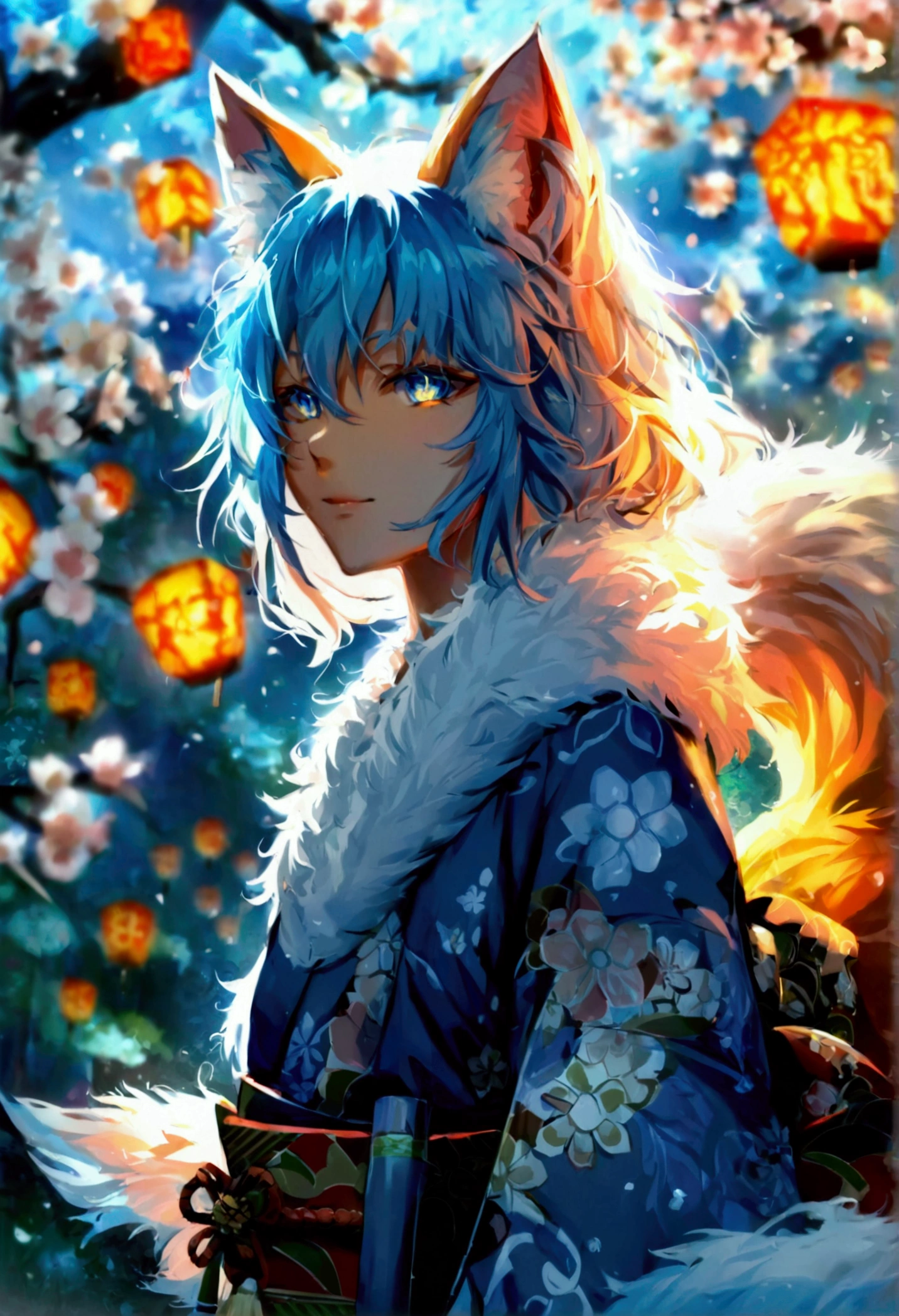 fox Light blue hair 　beast girl　indigo fur　fox beast girl　fox Light blue hair 　beast girl　indigo fur　fox beast girl　Wallpaper 4k,8k,highly detailled,,vivid colors,detailed kitsune with 9 tails,traditional Japanese artwork,tatami floor,beautiful cherry blossoms,floating lanterns,dark silhouette of a pagoda,subtle moonlight,dense forest,ethereal atmosphere,dappled sunlight,whimsical spirit,serene expression,elaborate kimono and obi,delicate hand-painted details,luminous eyes　Anime Style　fox　blue　White-faced golden-haired nine-tailed fox　Coat blue　woman　fox Light blue hair 　beast girl　indigo fur　fox beast girl　Anime Style　fox　blue　White-faced golden-haired nine-tailed fox　Coat blue　woman　　mysterious background　Blue Flame　girl　have a ball of light　fox Light blue hair 　beast girl　indigo fur　fox beast girl　mysterious background　Blue Flame　girl　have a ball of light Anime Style　fox　blue　White-faced golden-haired nine-tailed fox　Coat blue　　　mysterious background　Blue Flame　girl　have a ball of light　woman