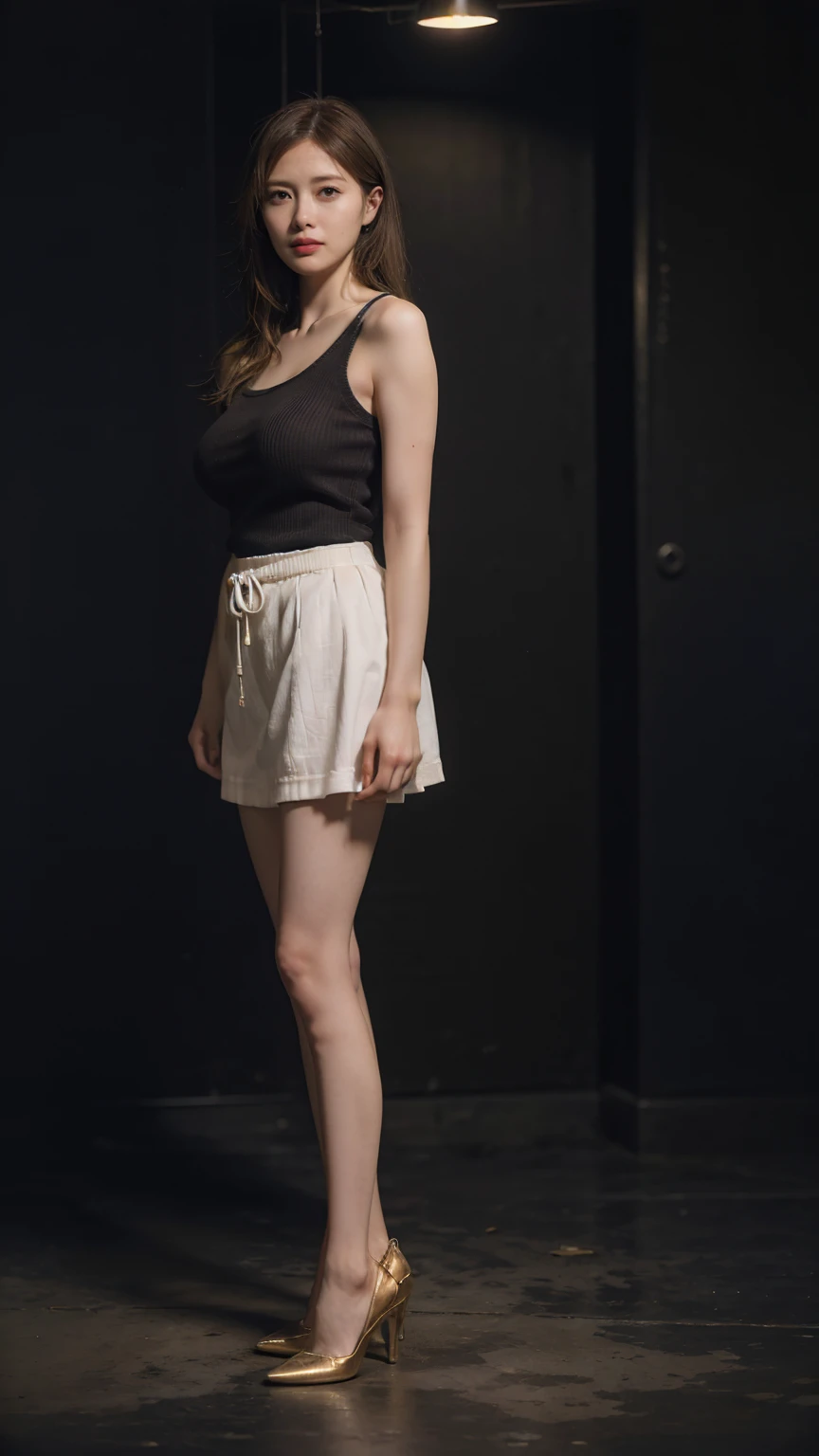 1girl, woman, masterpiece, best quality, highest quality, cinematic lighting, (volumetric lighting), extremely detailed CG unity 8k wallpaper, focused, 8k wallpaper, extremely detailed, ultra realistic, photorealistic, sharp focus, absurdres, (HDR:1.2), (high contrast), photograph, detailed and intricate, instagram, portrait, highly detailed, digital painting, artstation, concept art, smooth, sharp focus, illustration, cinematic lighting, (natural big breast), black short skirt, eyes looking at the viewer, ((medium shoulder)), (skinny legs), (slender body), (((height 163cm))), (HQ skin:1.4, Realistic human body structure), (Full body:1.4), (potrait), (wearing knit tank top, short skirt), (real skin of thighs)
