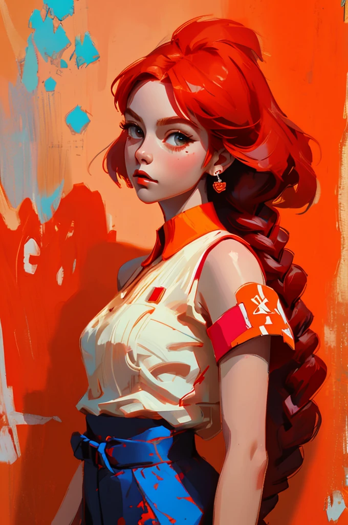tmasterpiece, Best quality, 1 girl, Alone, Stylish cropped top, Vibrant red hair, elegant braid, soft bangs, collars, (scribbles:1.5), artistic paint splatter, Arms behind, leaning back against the wall, looking at viewert, Fashion armbands,  hip hop style, Sexy skirts, Tilting his head playfully, intense expression, warm orange, dynamic asymmetrical design, bold geometric shapes, creative street art
