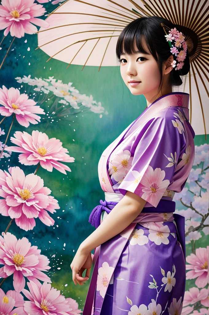 a Beautiful artistic representation of a Japanese young lady in traditional attire yukata, holding an umbrella, surrounded by a burst of flowers and colors.The image has an ethereal quality due to the combination of realistic and abstract elements, background is watercolor painting combination of softpurple, emerald and softpink. sharpen image, 4K