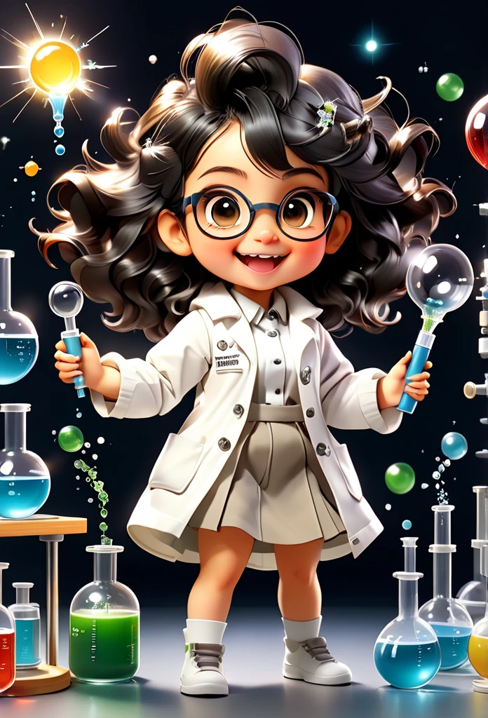 Chibi Baby Chemistry Mascot MASCOT, atoms, Molecules ,Has black hair , Blind box style and model with popular market style, The sunlight shines, , hyper qualit, sharp features, Ultra HD and 8K resolution,Cool Hand Drawn Illustration，fly away (Inside out disgusting), Create a series of best quality cute chibi dolls,ultra details,realisitic,Science Laboratory,Chemical experiment,ultra HD, chemical equipment,scientists working,cups,UHD Bunsen Burner ,Microscope,laboratory glassware,measuring cylinders,labcoats,Round nerd glasses ,science books,Periodic table,scientific research,discoveries,new inventions,innovation,aprendizagem,education,Scientific culture wears coat with details of buttons and brooches , her coat is charming and cute with ultra chemical details ,Curiosidade,Technological advancements,swirly vibrant colors,soft lighting,modern laboratory,nerdy atmosphere,laboratory instruments,hypothesis testing,Scientific method,symbolic representation,Critical thinking,experiments ,precision,precision,Intricate details,impressive scientific setup,natural elements,exploration of the mysteries of science,unlocking the secrets of nature. Baby chibi is happy and excited, remember to use chemical laboratory glassware, The chalkboard behind the cute chibi baby is written the structure of caffeine in white chalk 18K UHDBlack hair, very long hair, American propaganda poster, shine light, 3D rendering, 