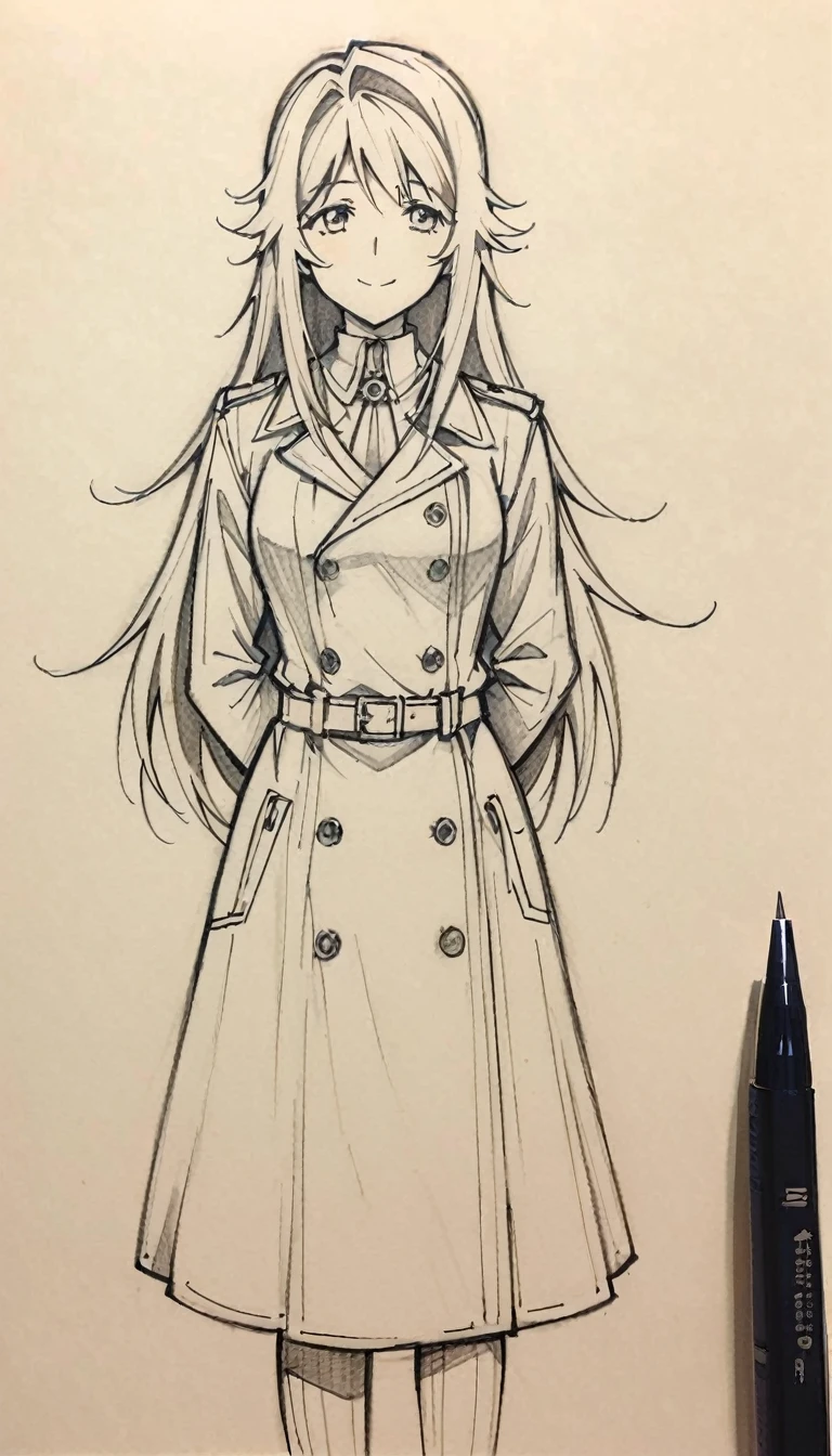 1 ,Line drawing,monochrome,（sketch:1.5、pattern、pencil drawing:1.5、board:1.5）,board，traditional media, whole body,look up,Cold Background ,(Gothic style，Wear a large trench coat） ,Smile，Long hair，Clothing Model,Someone took a photo of her