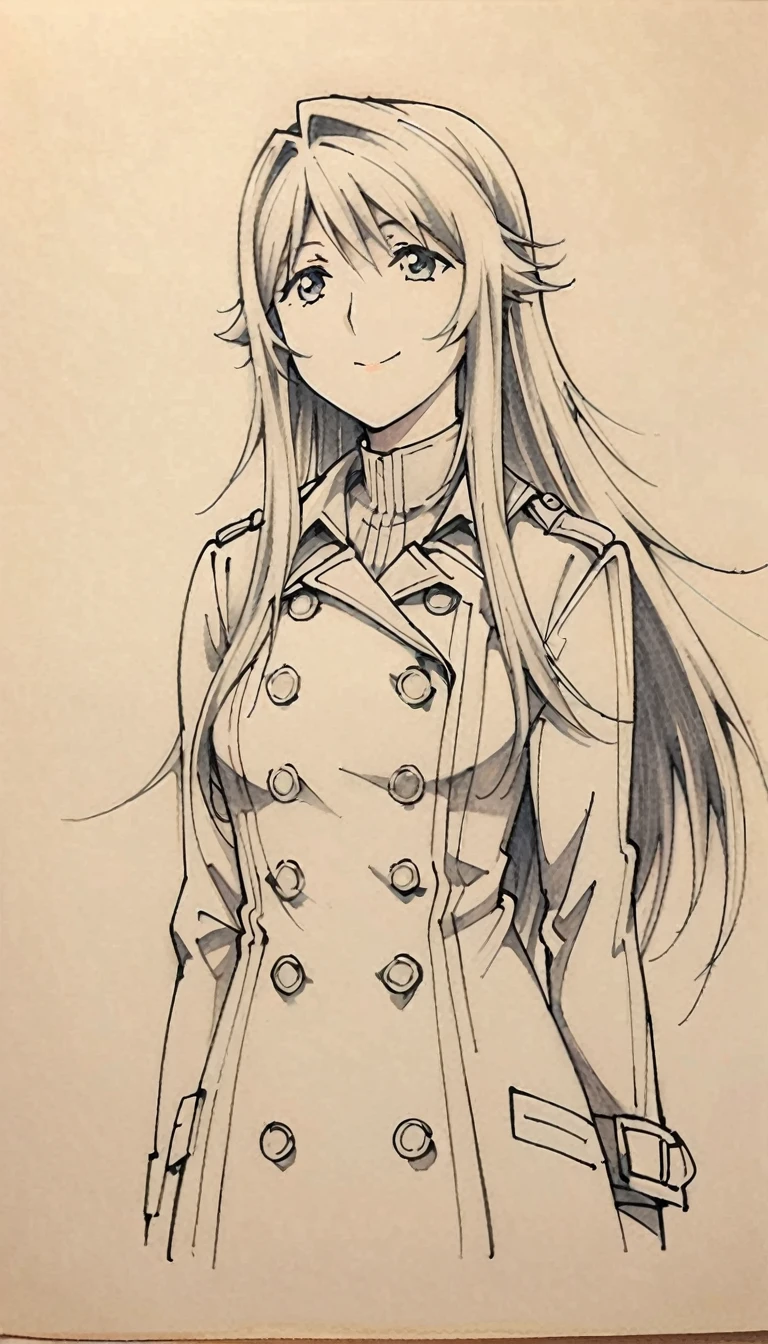1 ,Line drawing,monochrome,（sketch:1.5、pattern、pencil drawing:1.5、board:1.5）,board，traditional media, whole body,look up,Cold Background ,(Gothic style，Wear a large trench coat） ,Smile，Long hair，Clothing Model,Someone took a photo of her