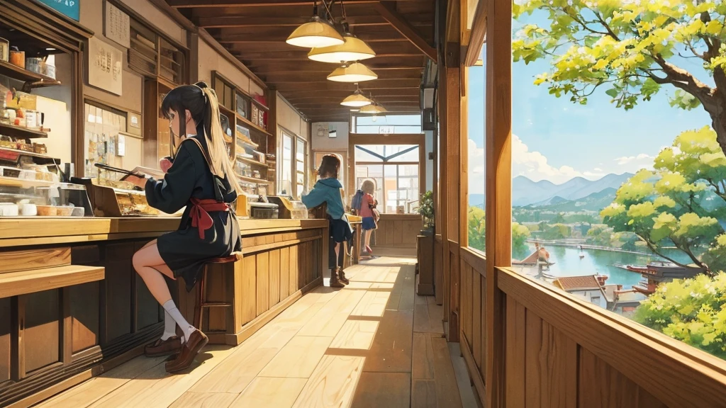 Girl listens to making coffee in a coffee shop,2D anime style, The morning air was clear. ,Warm atmosphere, Draw a line, ink painting, Osaka Road, Watercolor painting, gouche paint, Studio Ghibli Style, Very bright colors,