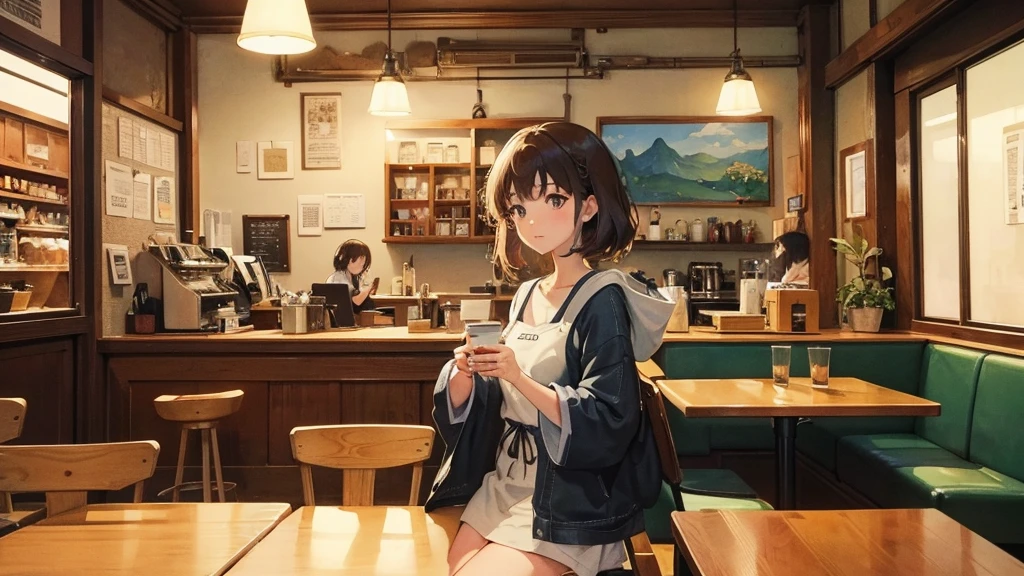 Girl listens to making coffee in a coffee shop,2D anime style, The morning air was clear. ,Warm atmosphere, Draw a line, ink painting, Osaka Road, Watercolor painting, gouche paint, Studio Ghibli Style, Very bright colors,