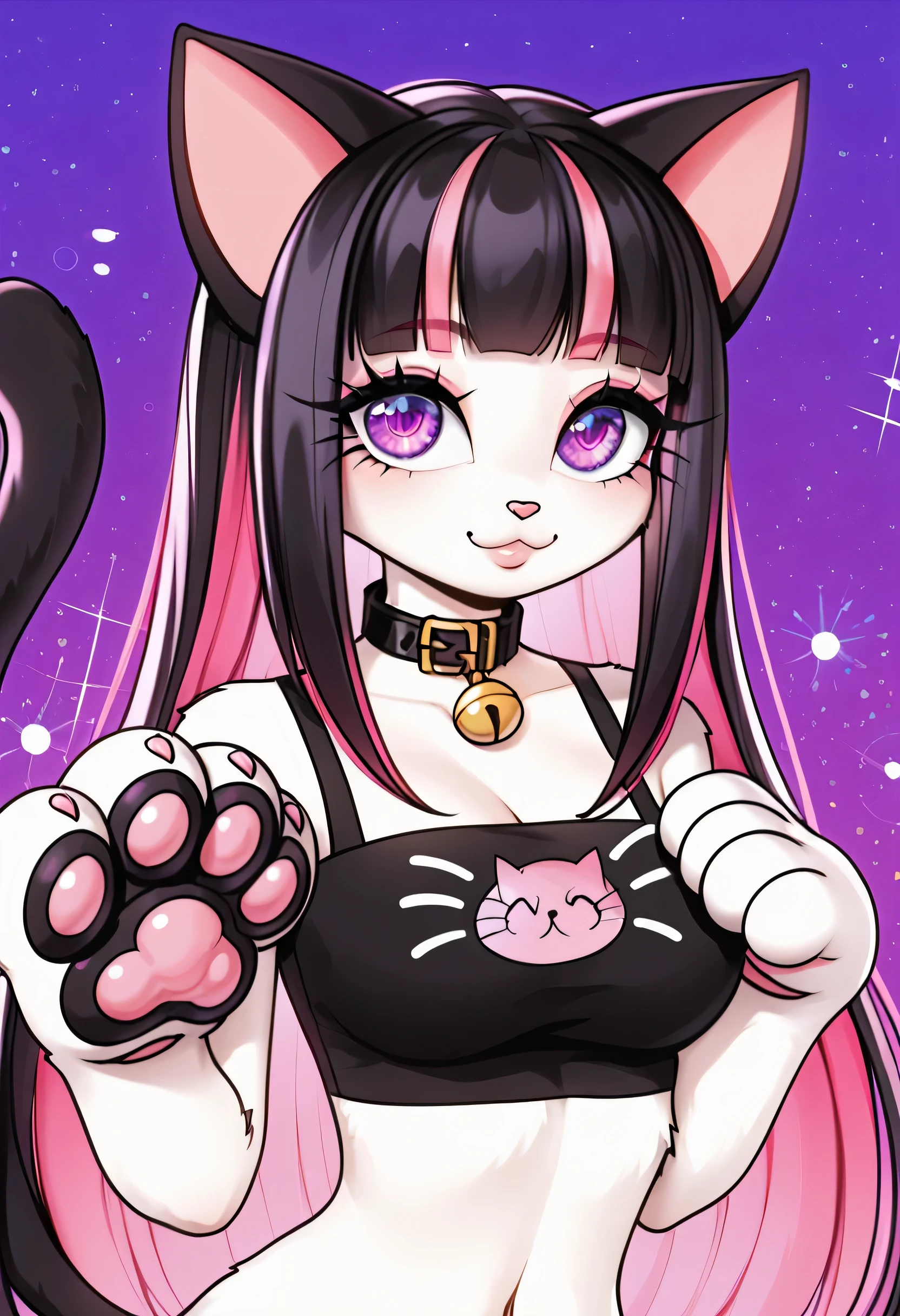 1girl, ((((furry)))), (((fur))), cat ears, cat tail, paws, cat paws, cat, ((cat girl)), ((curvy)), (((cute face))), long hair, bangs, black hair, pink hair strands, pink streaks, gorgeous purple eyes, big eyes, anime eyes, eyeliner, long lashes, soft and full lips, collar, miniskirt, crop top,