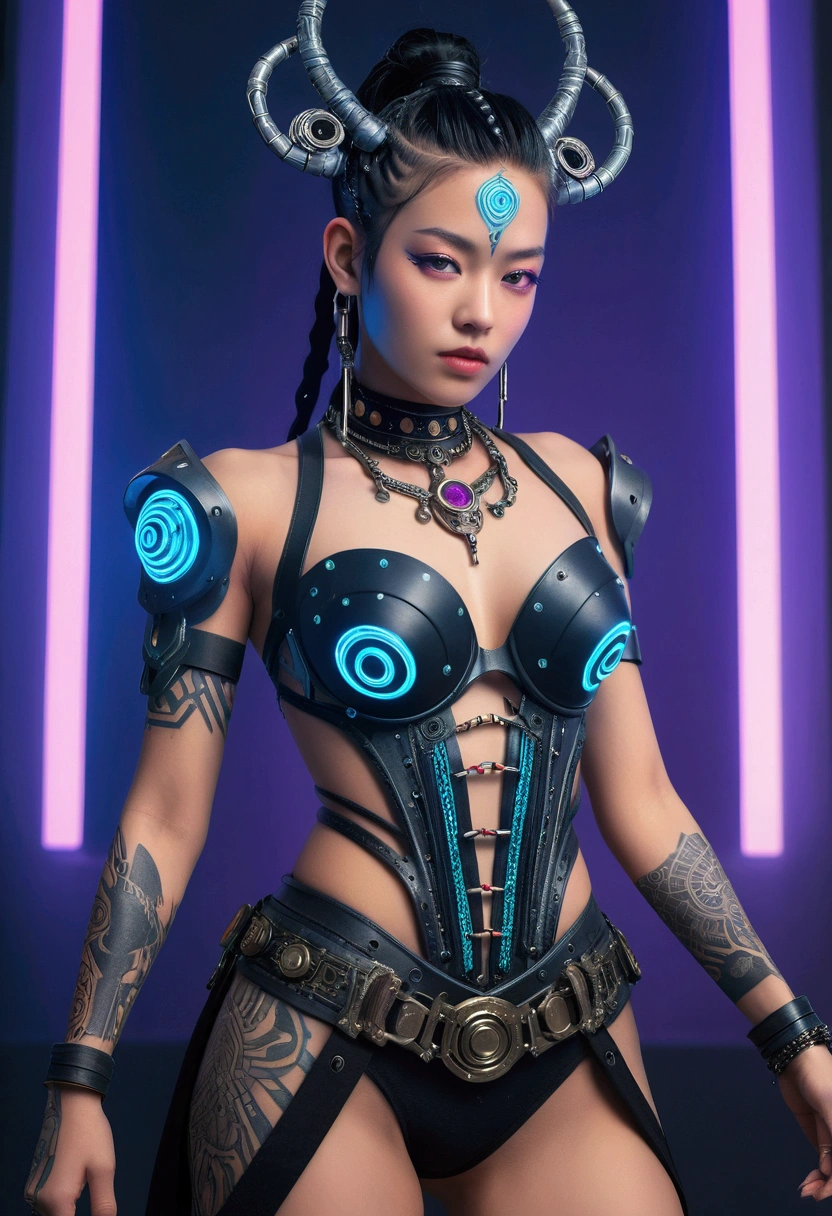 detailed cinematic photography of Beautiful teen cyberpunk techno female shaman, tribal corsetry outfit, tribal tattoos, a beautiful cyberpunk cell, dynamic pose,  posing for Maxim magazine cover, neon lit, iabstract beauty, near perfection, pure form, intricate detail Outrageously stunning detailed photo realistic cinematic photography