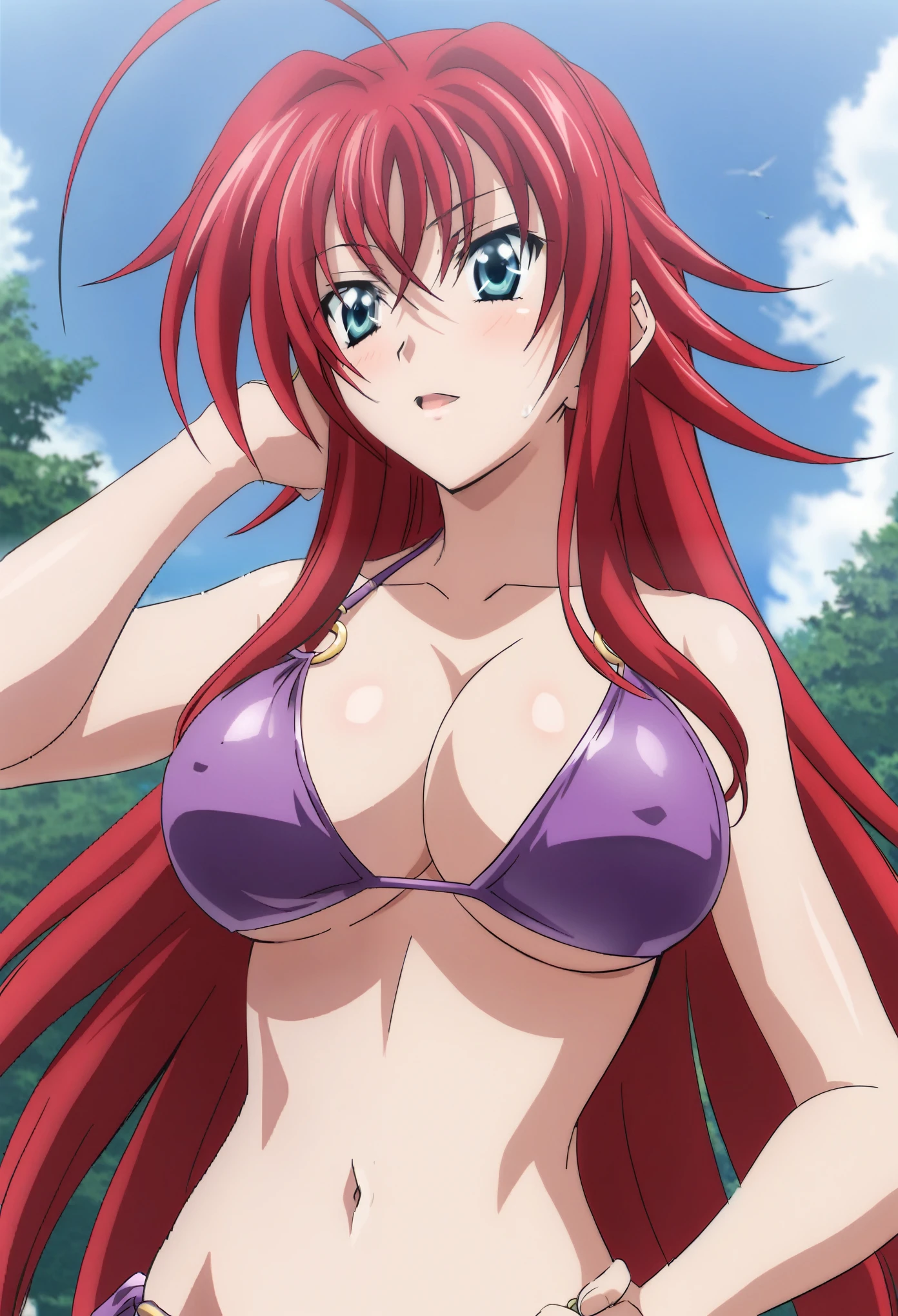 sysdeep_rias, 1girl, solo, long_hair, blue_eyes, large_breasts, cleavage, hair_between_eyes, very_long_hair, ahoge, red_hair, outdoors, sky, day, covered_nipples, hand_on_hip, red_bikini, o-ring, o-ring_top, huge_ahoge,  purple bikini 