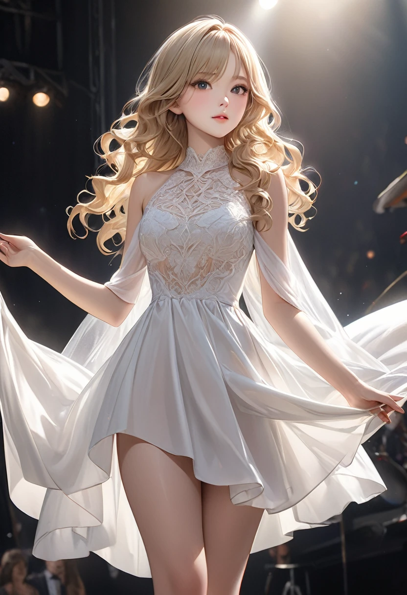 
             Accurate ( Correct and perfect  ) Clothing model a very beautiful woman blonde、medium long hair、Full body portrait with wavy hair, Beautiful perfect face Perfect detailed glossy face Intricate details (highly refined skin)Hand details are super fine, super fine fingers(ten fingers) Wearing a white dress, the design is particularly suitable for her slender and sexy proportions. She posed as a model for photos under the spotlight on the stage., Photo realistic photography quality realistic super high quality, high quality, 最high quality, High resolution, realism