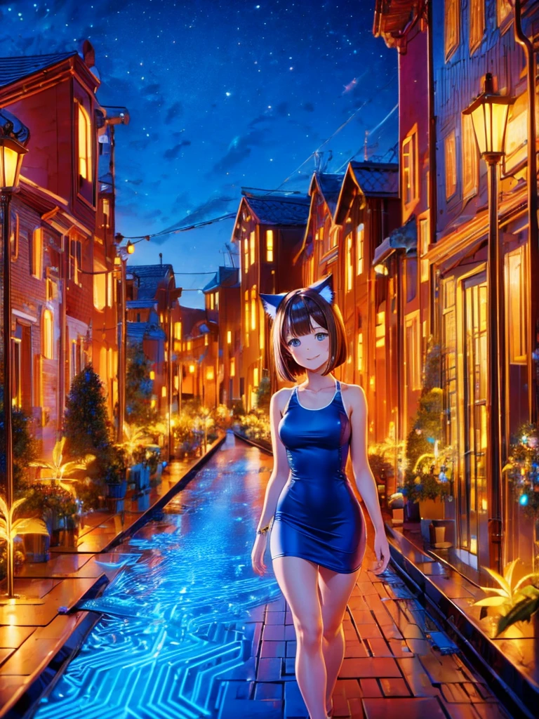 Masterpiece,Best Image,Highest Resolution,A beautiful smiling girl in a one-piece dress walking through the city at night,Cat ear,Brown hair short bob,whole body,front,up,
