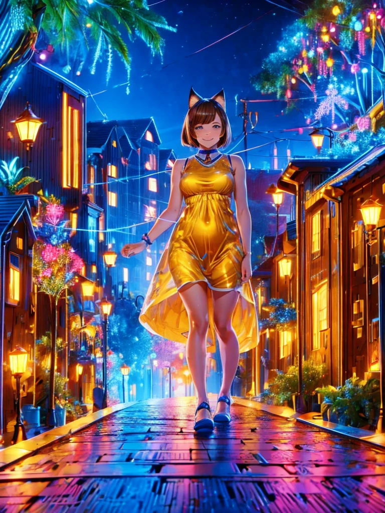 Masterpiece,Best Image,Highest Resolution,A beautiful smiling girl in a one-piece dress walking through the city at night,Cat ear,Brown hair short bob,whole body,front,up,